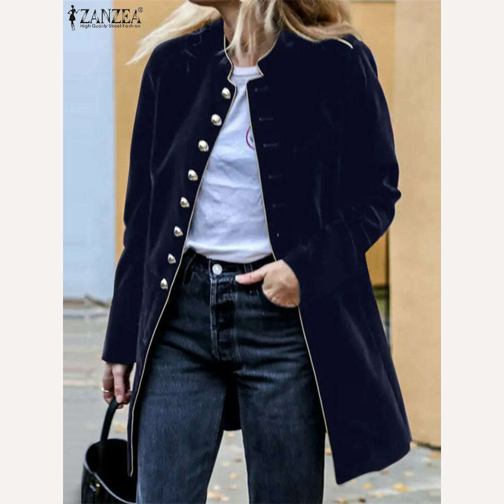 KIMLUD, ZANZEA 2023 Winter Vintage Women Coat Casual Stand Collar Buttons JacketsOversized Solid Retro Elegant Long Sleeve Outerwear, L / Dark Blue, KIMLUD APPAREL - Womens Clothes
