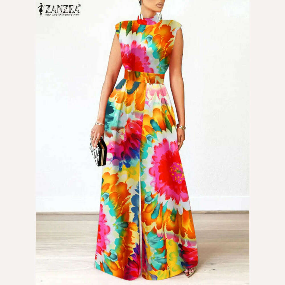 ZANZEA Elegant Cinched Waist Wide Leg Pants Fashion Women Summer Floral Print Long Rompers Sleeveless Party Turtleneck Jumpsuits - KIMLUD