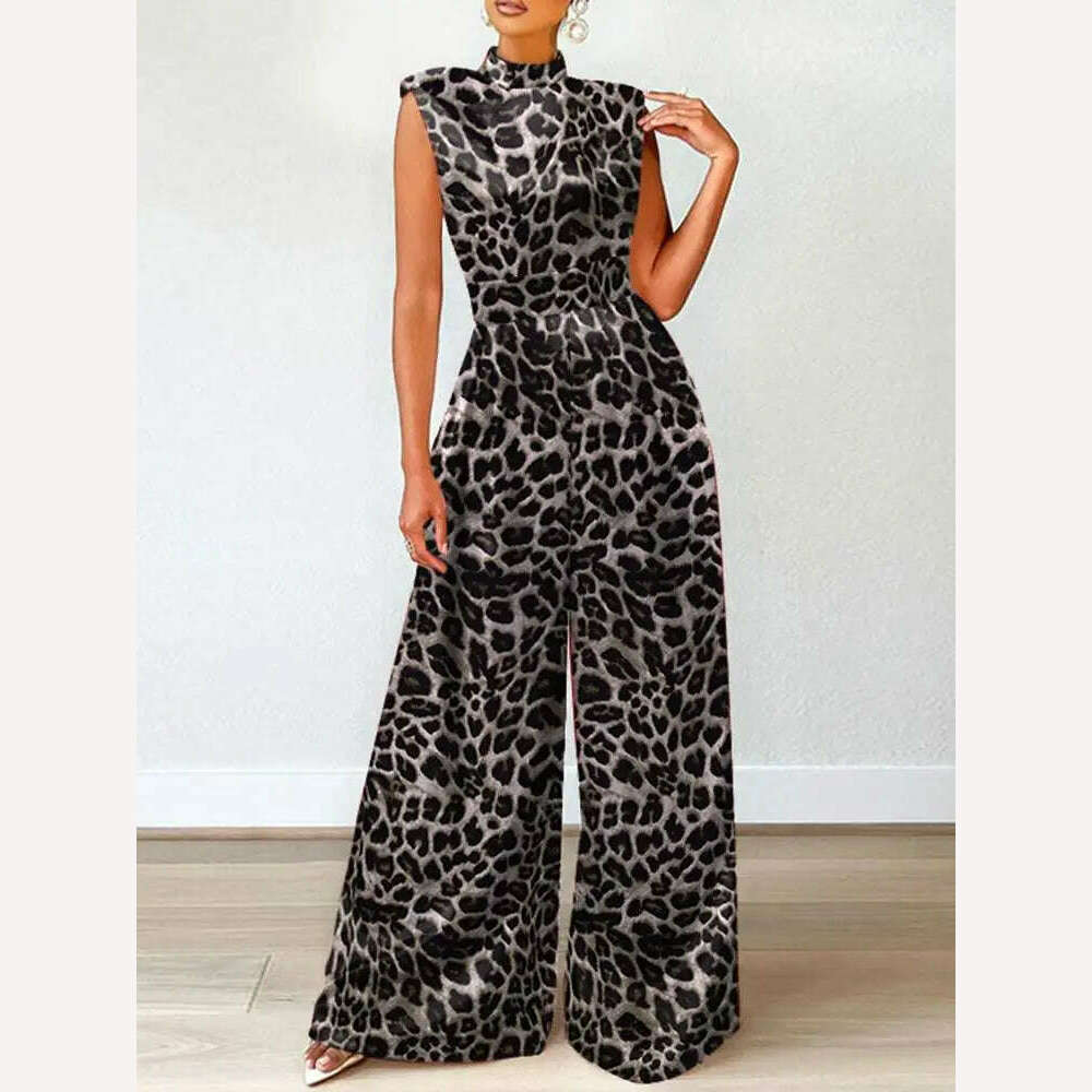 ZANZEA Elegant Cinched Waist Wide Leg Pants Fashion Women Summer Floral Print Long Rompers Sleeveless Party Turtleneck Jumpsuits - KIMLUD