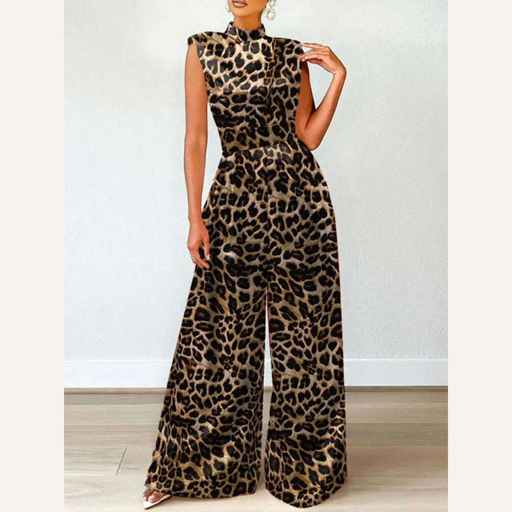 ZANZEA Elegant Cinched Waist Wide Leg Pants Fashion Women Summer Floral Print Long Rompers Sleeveless Party Turtleneck Jumpsuits - KIMLUD