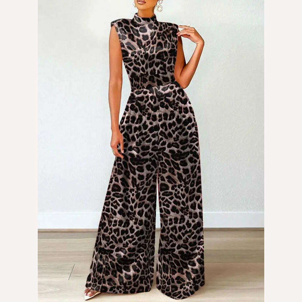 ZANZEA Elegant Cinched Waist Wide Leg Pants Fashion Women Summer Floral Print Long Rompers Sleeveless Party Turtleneck Jumpsuits - KIMLUD