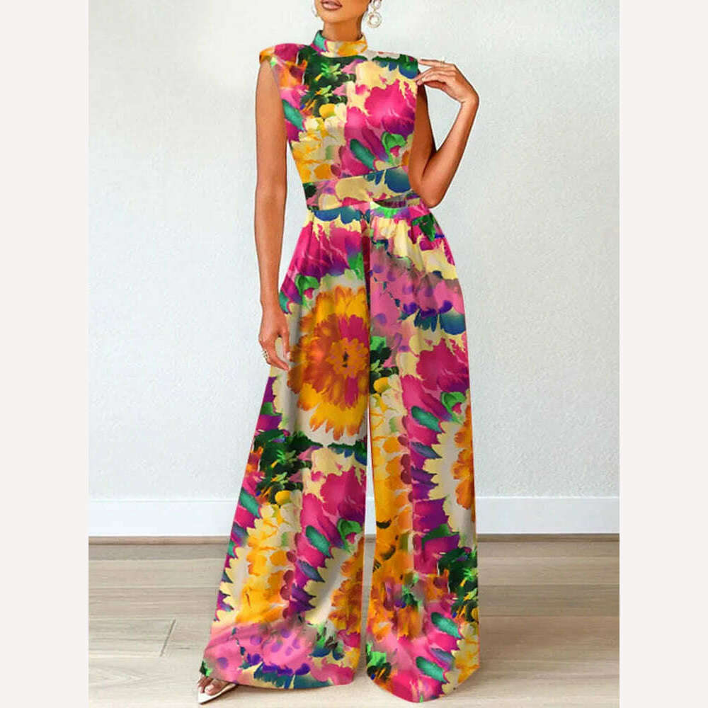 ZANZEA Elegant Cinched Waist Wide Leg Pants Fashion Women Summer Floral Print Long Rompers Sleeveless Party Turtleneck Jumpsuits - KIMLUD