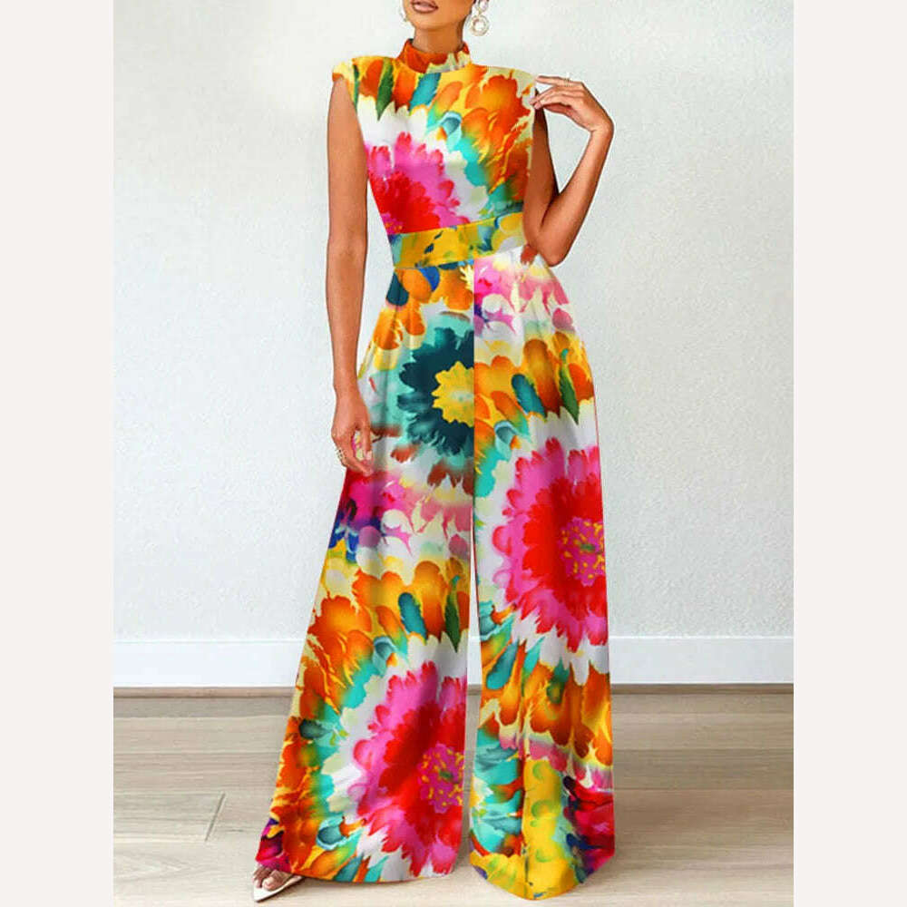 ZANZEA Elegant Cinched Waist Wide Leg Pants Fashion Women Summer Floral Print Long Rompers Sleeveless Party Turtleneck Jumpsuits - KIMLUD