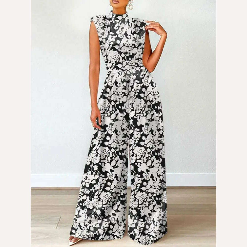 ZANZEA Elegant Cinched Waist Wide Leg Pants Fashion Women Summer Floral Print Long Rompers Sleeveless Party Turtleneck Jumpsuits - KIMLUD