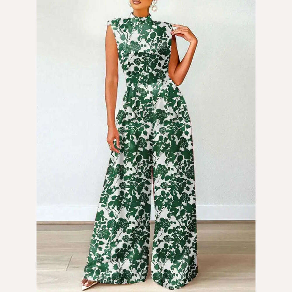 ZANZEA Elegant Cinched Waist Wide Leg Pants Fashion Women Summer Floral Print Long Rompers Sleeveless Party Turtleneck Jumpsuits - KIMLUD