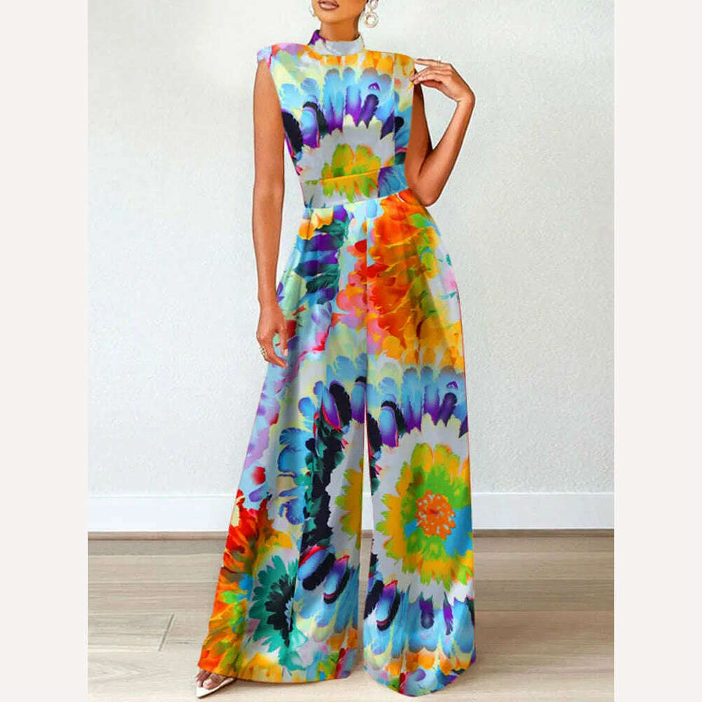 ZANZEA Elegant Cinched Waist Wide Leg Pants Fashion Women Summer Floral Print Long Rompers Sleeveless Party Turtleneck Jumpsuits - KIMLUD