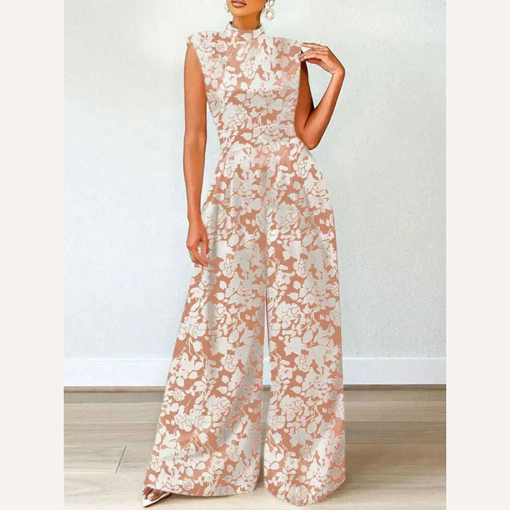 ZANZEA Elegant Cinched Waist Wide Leg Pants Fashion Women Summer Floral Print Long Rompers Sleeveless Party Turtleneck Jumpsuits - KIMLUD