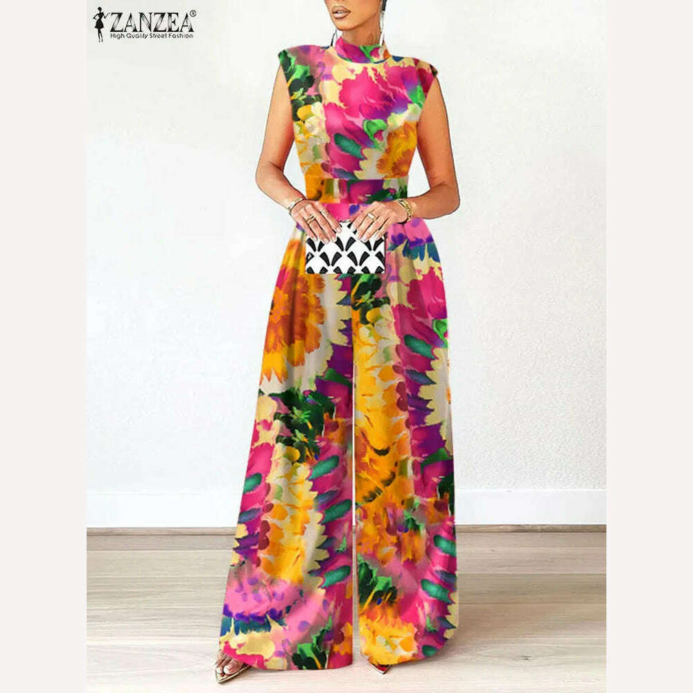 ZANZEA Elegant Cinched Waist Wide Leg Pants Fashion Women Summer Floral Print Long Rompers Sleeveless Party Turtleneck Jumpsuits - KIMLUD