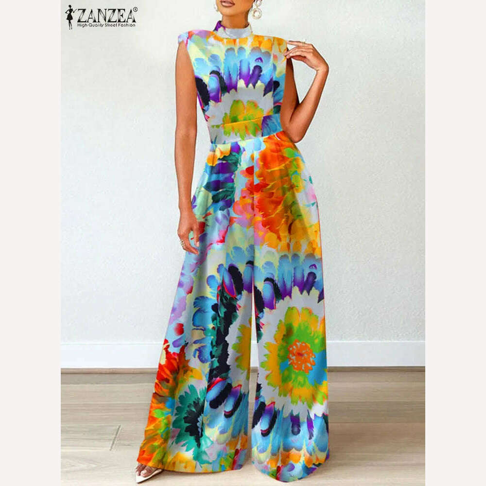 ZANZEA Elegant Cinched Waist Wide Leg Pants Fashion Women Summer Floral Print Long Rompers Sleeveless Party Turtleneck Jumpsuits - KIMLUD