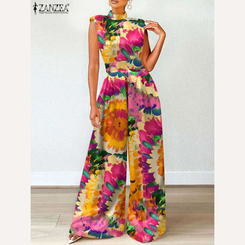 ZANZEA Elegant Cinched Waist Wide Leg Pants Fashion Women Summer Floral Print Long Rompers Sleeveless Party Turtleneck Jumpsuits - KIMLUD