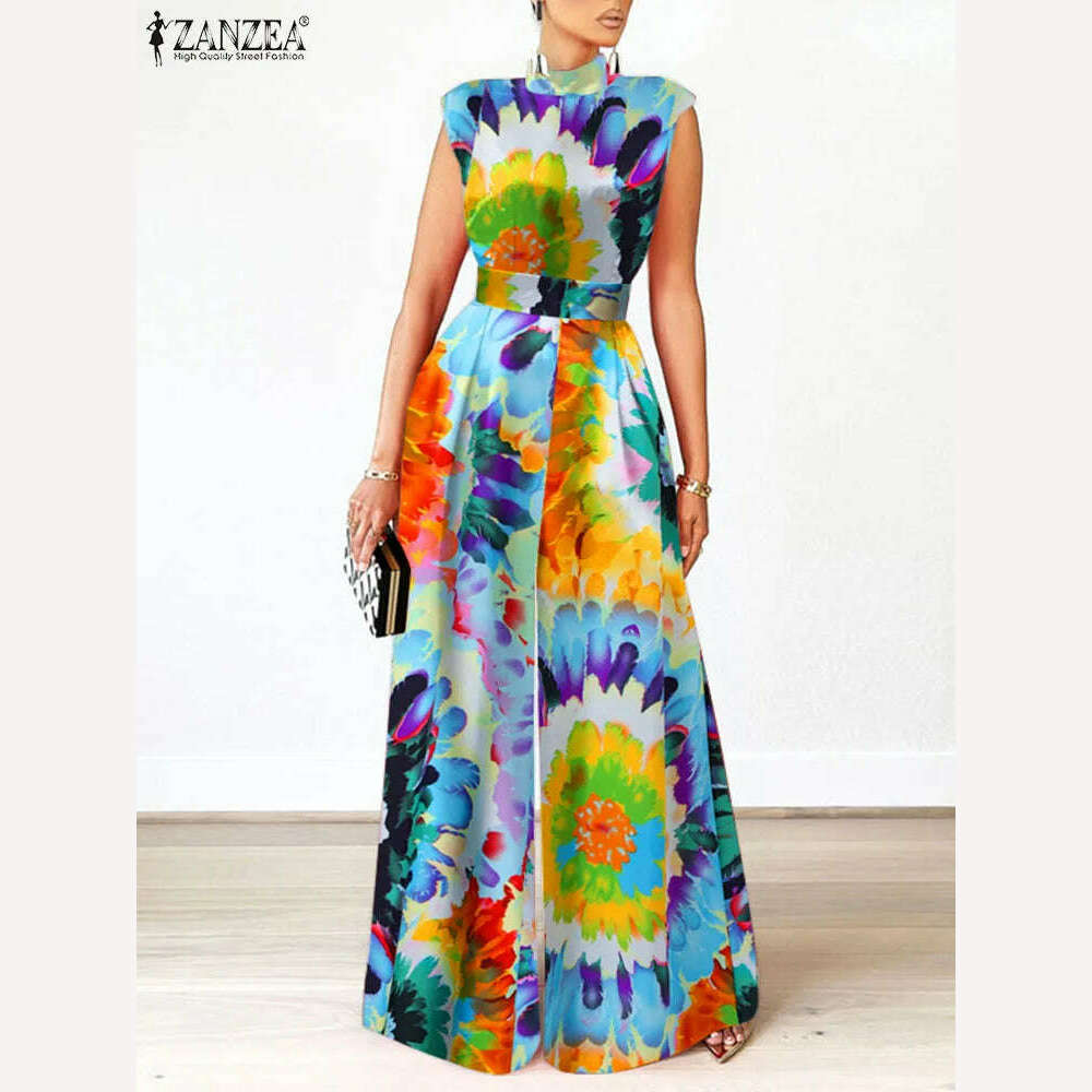 ZANZEA Elegant Cinched Waist Wide Leg Pants Fashion Women Summer Floral Print Long Rompers Sleeveless Party Turtleneck Jumpsuits - KIMLUD