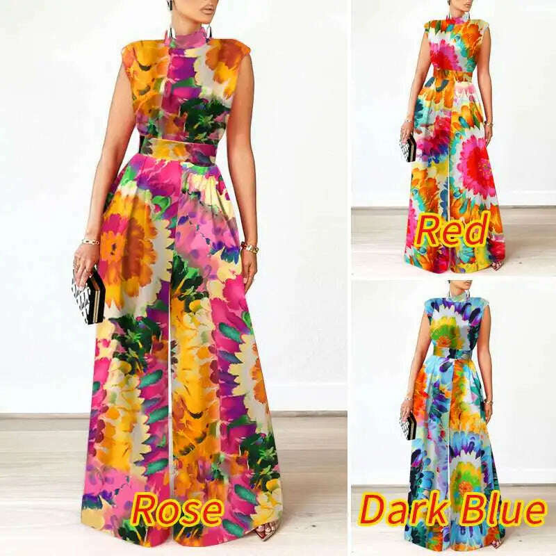 ZANZEA Elegant Cinched Waist Wide Leg Pants Fashion Women Summer Floral Print Long Rompers Sleeveless Party Turtleneck Jumpsuits - KIMLUD