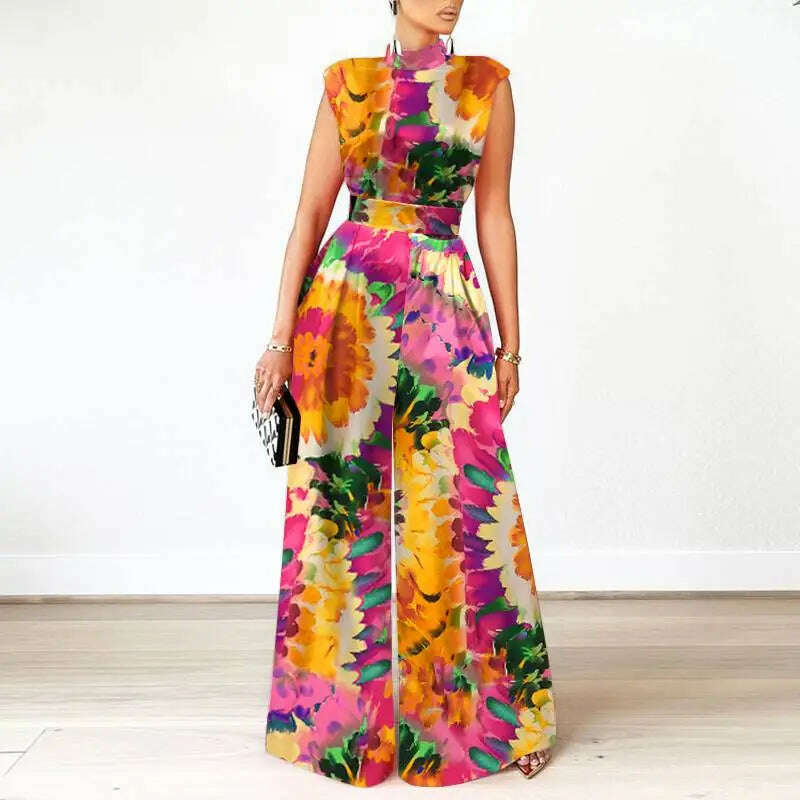 ZANZEA Elegant Cinched Waist Wide Leg Pants Fashion Women Summer Floral Print Long Rompers Sleeveless Party Turtleneck Jumpsuits - KIMLUD