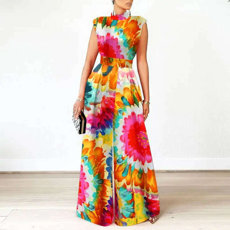 ZANZEA Elegant Cinched Waist Wide Leg Pants Fashion Women Summer Floral Print Long Rompers Sleeveless Party Turtleneck Jumpsuits - KIMLUD
