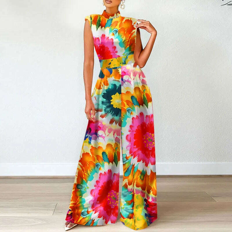 ZANZEA Elegant Cinched Waist Wide Leg Pants Fashion Women Summer Floral Print Long Rompers Sleeveless Party Turtleneck Jumpsuits - KIMLUD