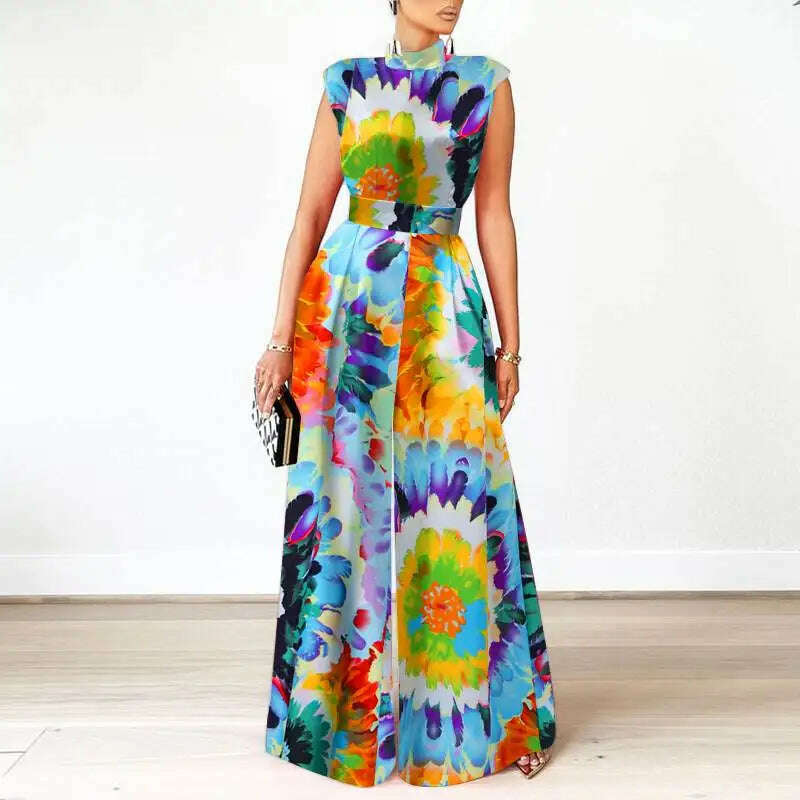 ZANZEA Elegant Cinched Waist Wide Leg Pants Fashion Women Summer Floral Print Long Rompers Sleeveless Party Turtleneck Jumpsuits - KIMLUD