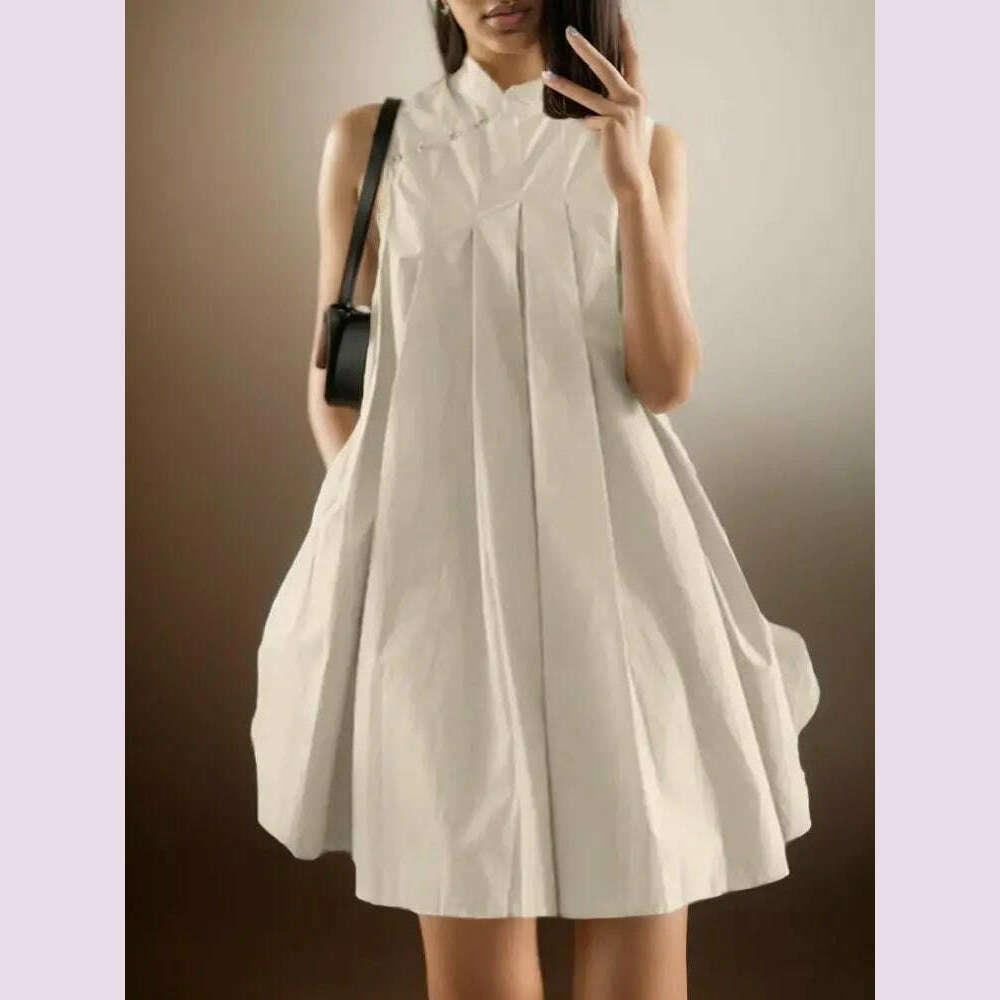ZANZEA Elegant Sleeveless A-line Vestidos 2024 New Chinese Dress Women Pleating Party Dress Vintage Fashion Mandarin Collar Robe - KIMLUD