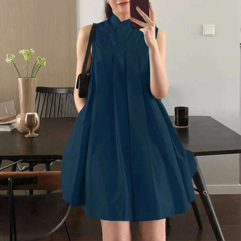 ZANZEA Elegant Sleeveless A-line Vestidos 2024 New Chinese Dress Women Pleating Party Dress Vintage Fashion Mandarin Collar Robe - KIMLUD