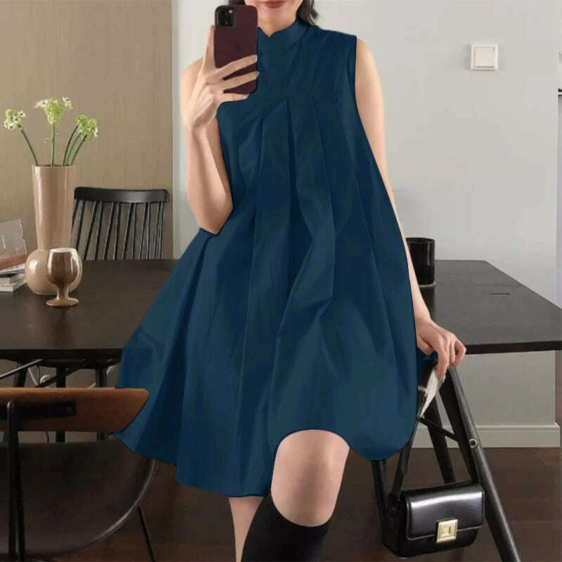 ZANZEA Elegant Sleeveless A-line Vestidos 2024 New Chinese Dress Women Pleating Party Dress Vintage Fashion Mandarin Collar Robe - KIMLUD