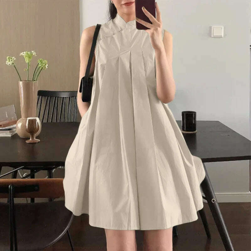ZANZEA Elegant Sleeveless A-line Vestidos 2024 New Chinese Dress Women Pleating Party Dress Vintage Fashion Mandarin Collar Robe - KIMLUD