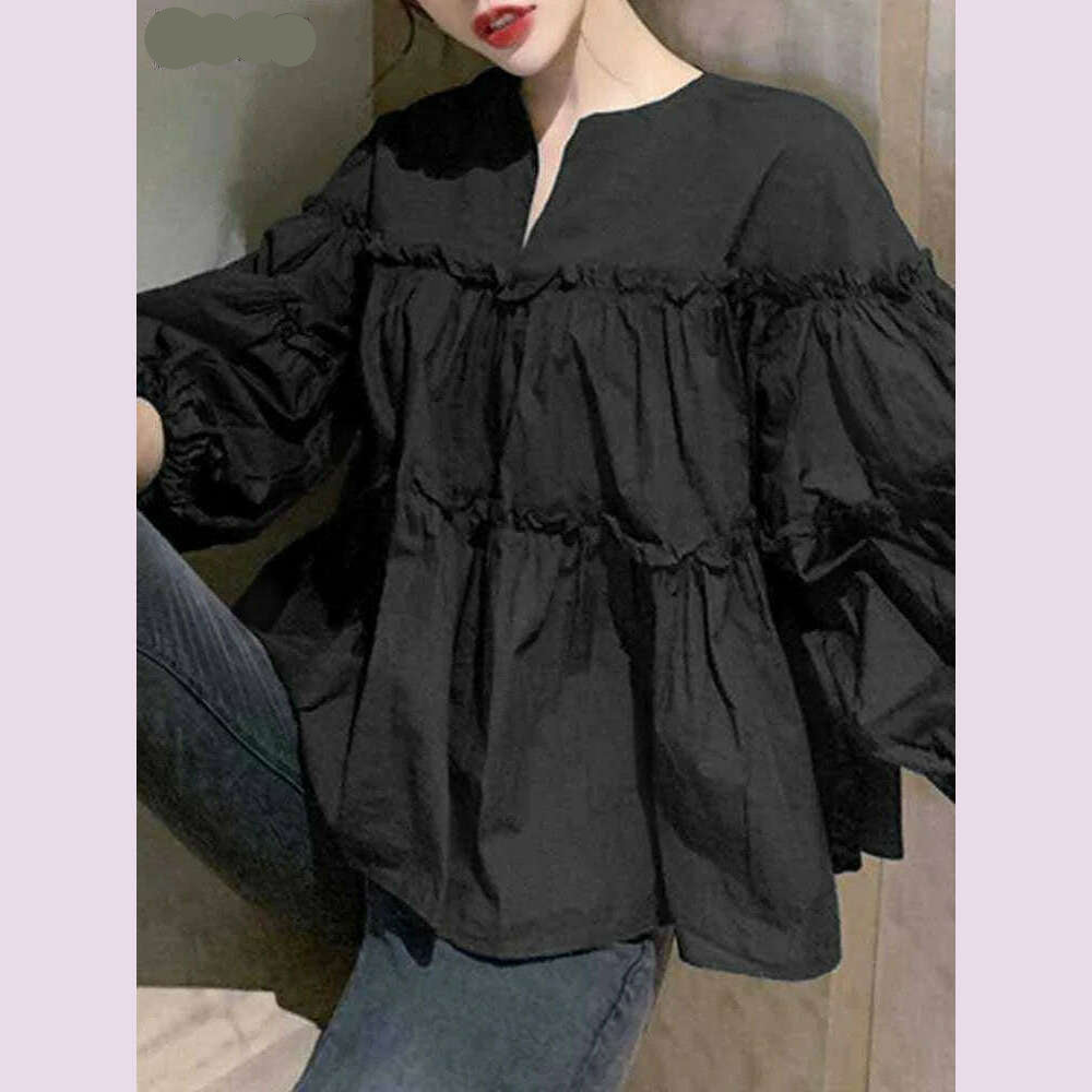 KIMLUD, ZANZEA Fashion Women Long Puff Sleeve Blouse Autumn Spring Eelgant Shirt Ruffles Blusas Femininas Mujer Party Work Tops Tunic, KIMLUD Womens Clothes