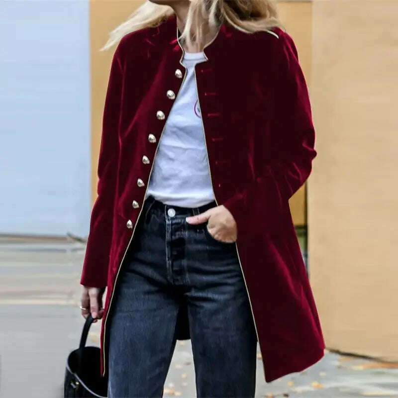 KIMLUD, ZANZEA Vintage Wine Red Coat Women Casual Buttons Stand Collar Long Jackets 2023 Winter Elegant Long Sleeve Outerwear Oversized, KIMLUD Womens Clothes