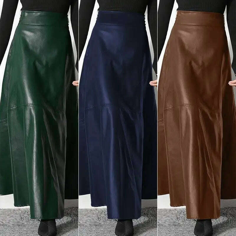 KIMLUD, ZANZEA Women's PU Leather Maxi Skirt 2023 Spring Elegant OL Long Saias Fashion Solid Mujer Faldas Casual High Waist Zipper Jupe, KIMLUD Women's Clothes