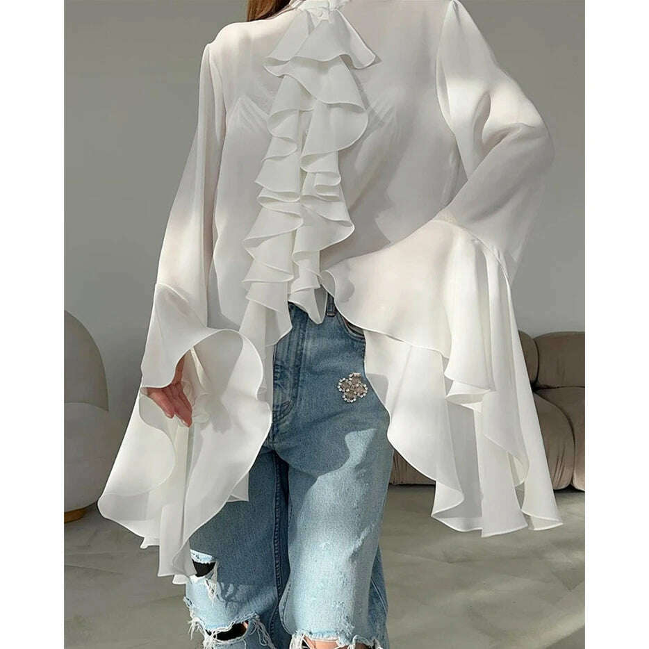 KIMLUD, Zenaide 2024 Ruffled Flare Long Sleeve Sexy Loose Crop Top Spring Women Elegant Fashion Blouse Shirts Office Lady, White / S, KIMLUD Womens Clothes