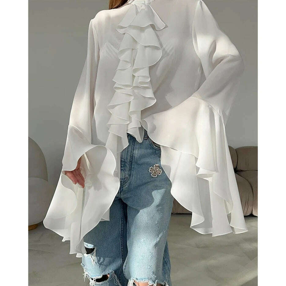 KIMLUD, Zenaide 2024 Ruffled Flare Long Sleeve Sexy Loose Crop Top Spring Women Elegant Fashion Blouse Shirts Office Lady, White / S, KIMLUD APPAREL - Womens Clothes