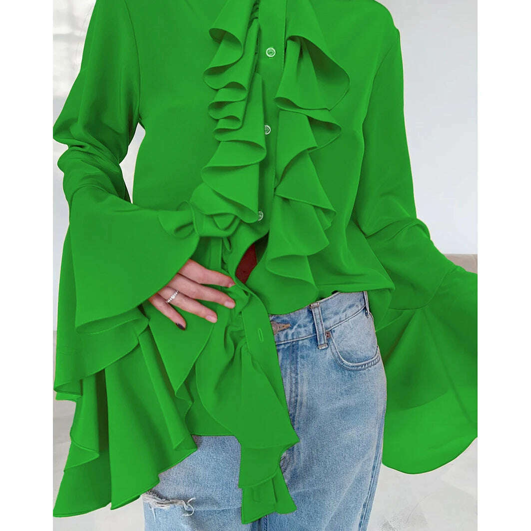 KIMLUD, Zenaide 2024 Ruffled Flare Long Sleeve Sexy Loose Crop Top Spring Women Elegant Fashion Blouse Shirts Office Lady, Green / S, KIMLUD APPAREL - Womens Clothes