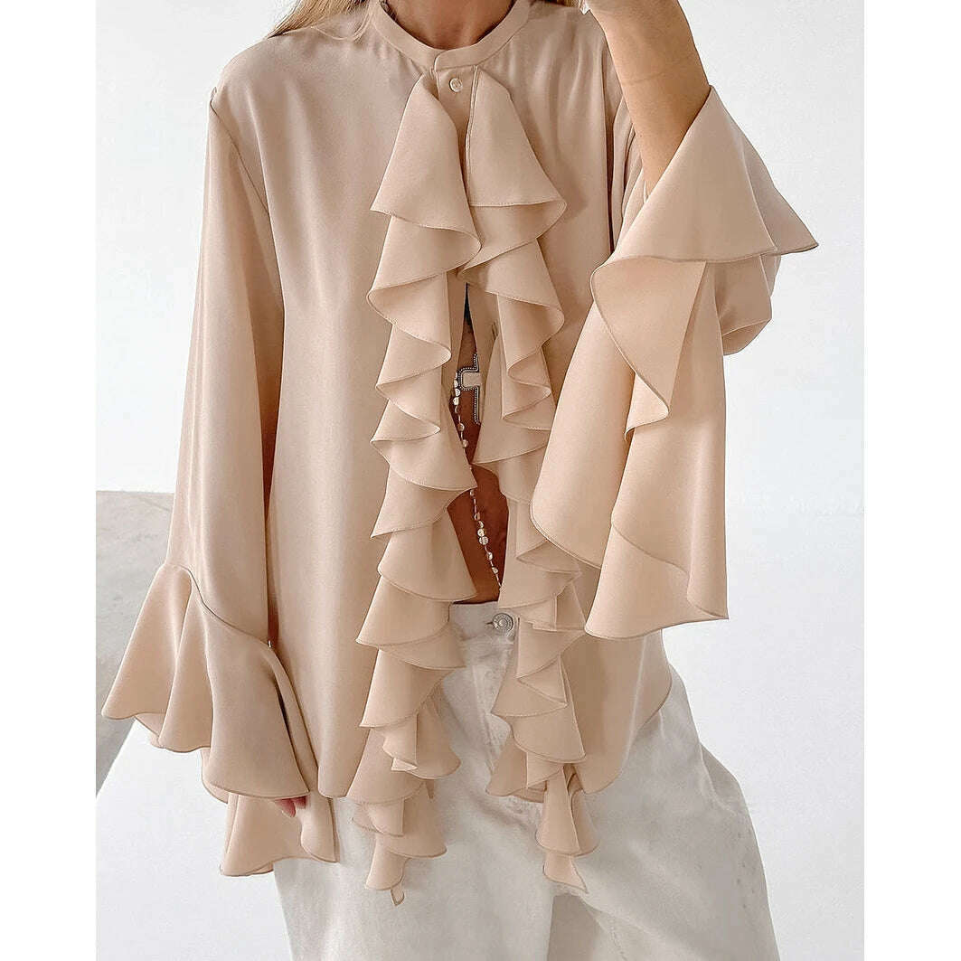 KIMLUD, Zenaide 2024 Ruffled Flare Long Sleeve Sexy Loose Crop Top Spring Women Elegant Fashion Blouse Shirts Office Lady, Khaki / S, KIMLUD APPAREL - Womens Clothes