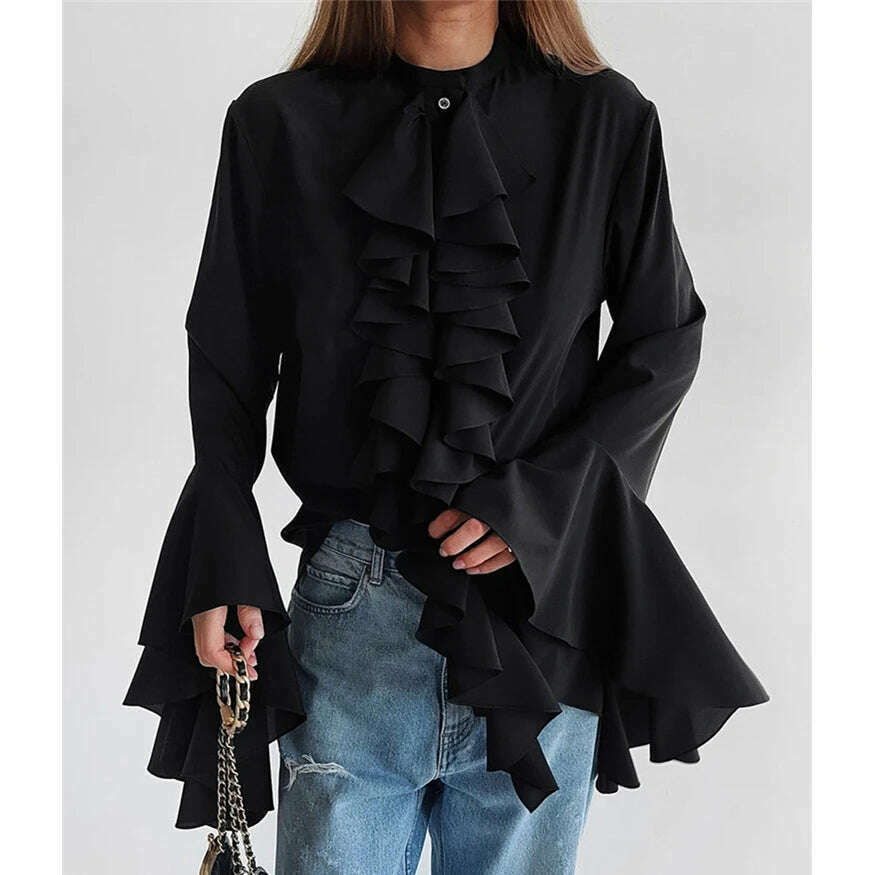 KIMLUD, Zenaide 2024 Ruffled Flare Long Sleeve Sexy Loose Crop Top Spring Women Elegant Fashion Blouse Shirts Office Lady, Black / S, KIMLUD APPAREL - Womens Clothes