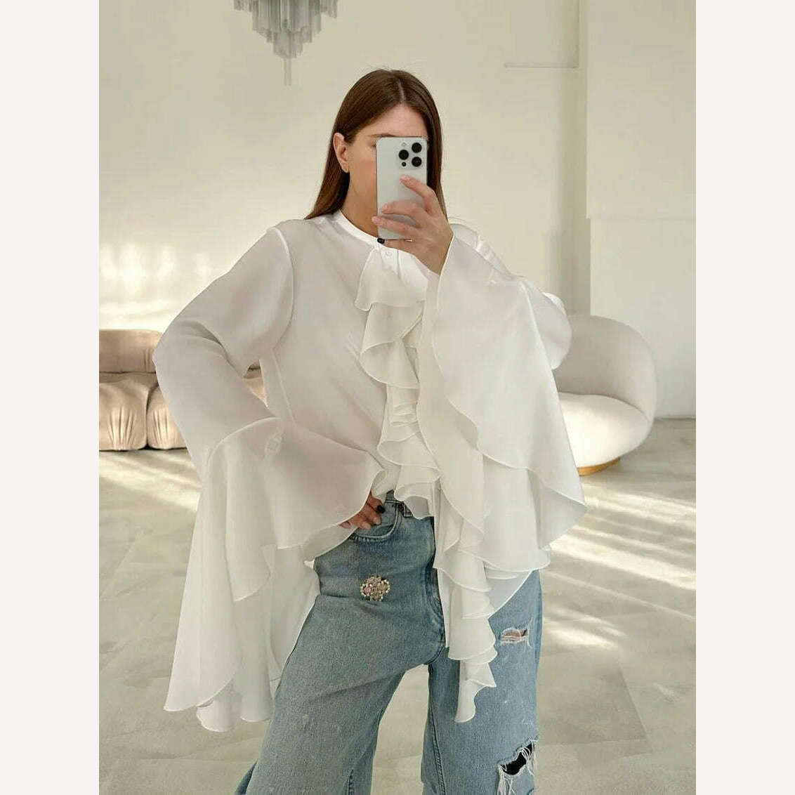 KIMLUD, Zenaide 2024 Ruffled Flare Long Sleeve Sexy Loose Crop Top Spring Women Elegant Fashion Blouse Shirts Office Lady, KIMLUD Womens Clothes