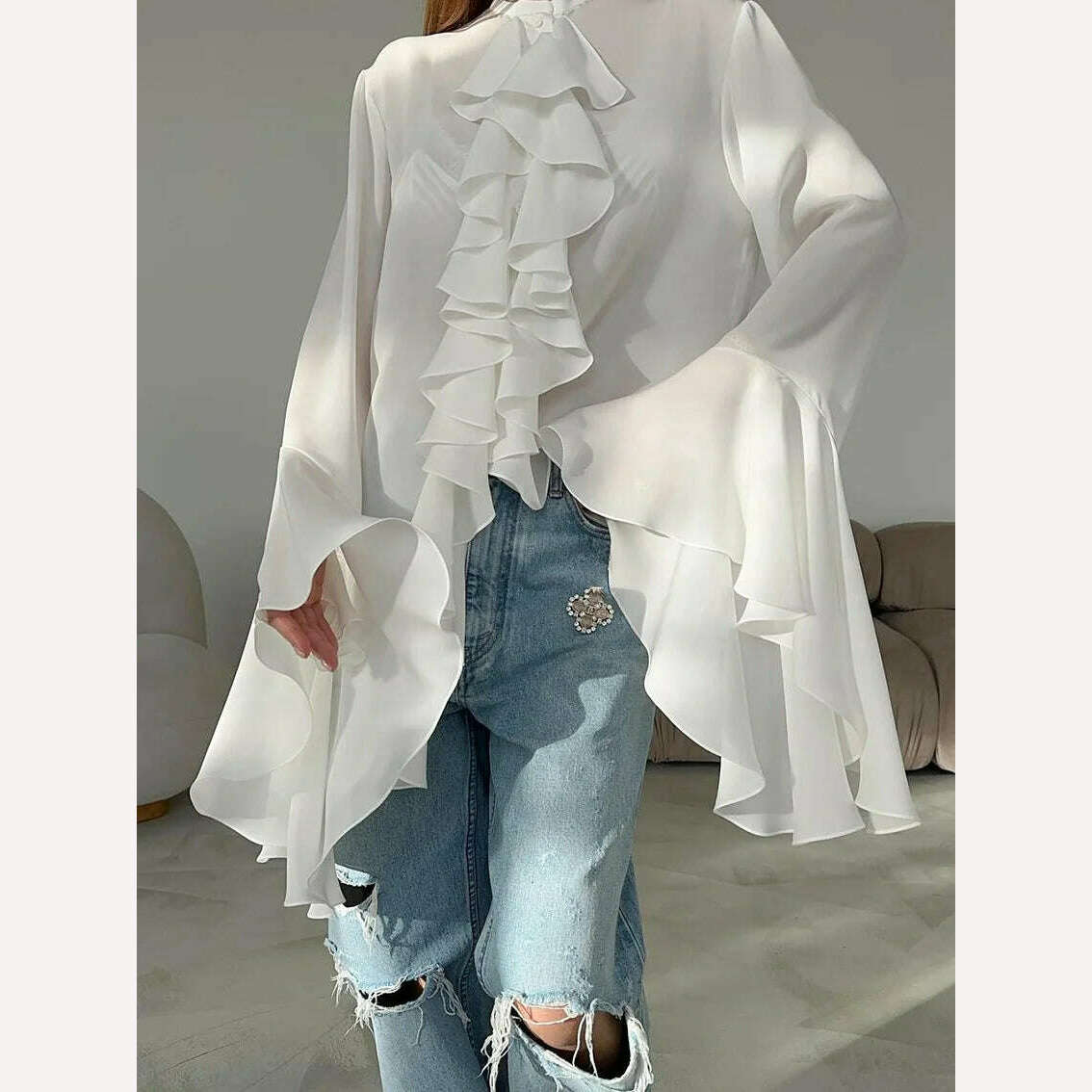 KIMLUD, Zenaide 2024 Ruffled Flare Long Sleeve Sexy Loose Crop Top Spring Women Elegant Fashion Blouse Shirts Office Lady, KIMLUD Womens Clothes