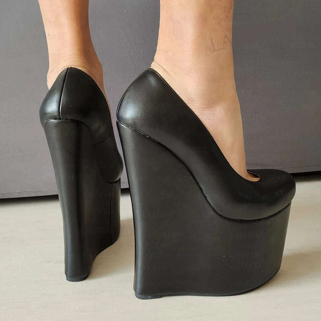 ZHIMA Women Pumps 20CM High Heels Wedges Round Toe Mules Party Faux Leather Ladies Club Shoes Woman Large Size 38 41 42 44 48 - KIMLUD