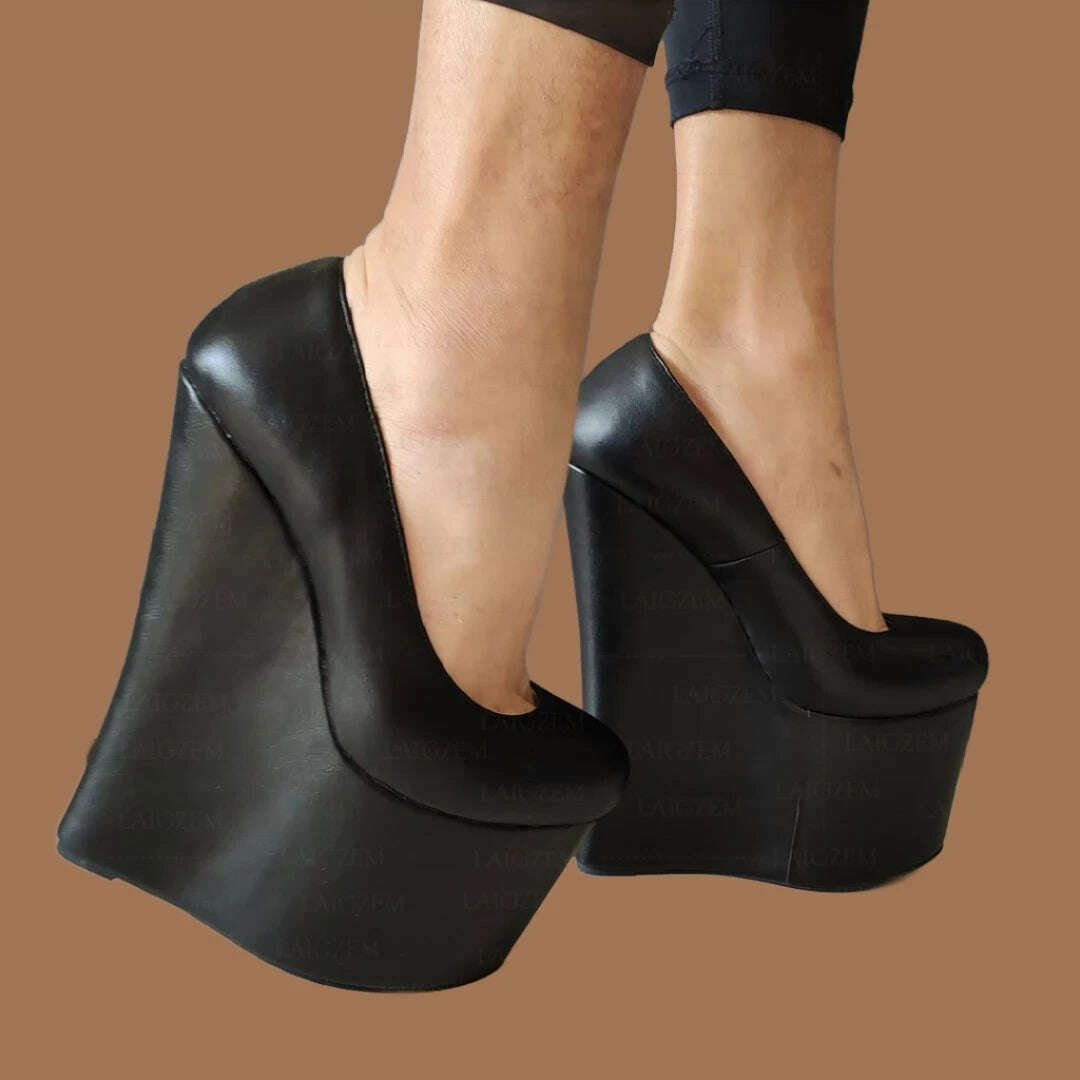 ZHIMA Women Pumps 20CM High Heels Wedges Round Toe Mules Party Faux Leather Ladies Club Shoes Woman Large Size 38 41 42 44 48 - KIMLUD