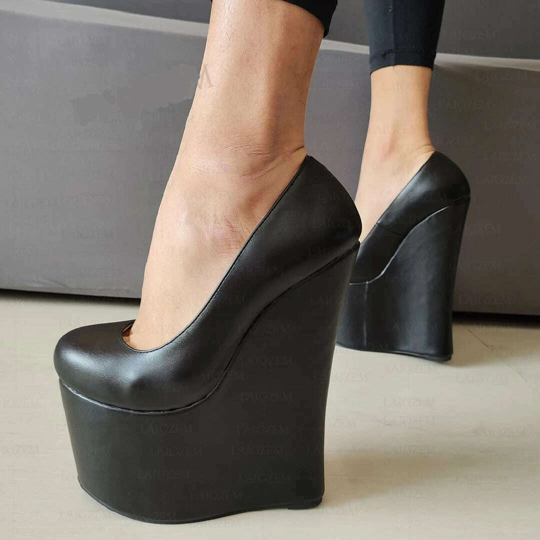 ZHIMA Women Pumps 20CM High Heels Wedges Round Toe Mules Party Faux Leather Ladies Club Shoes Woman Large Size 38 41 42 44 48 - KIMLUD