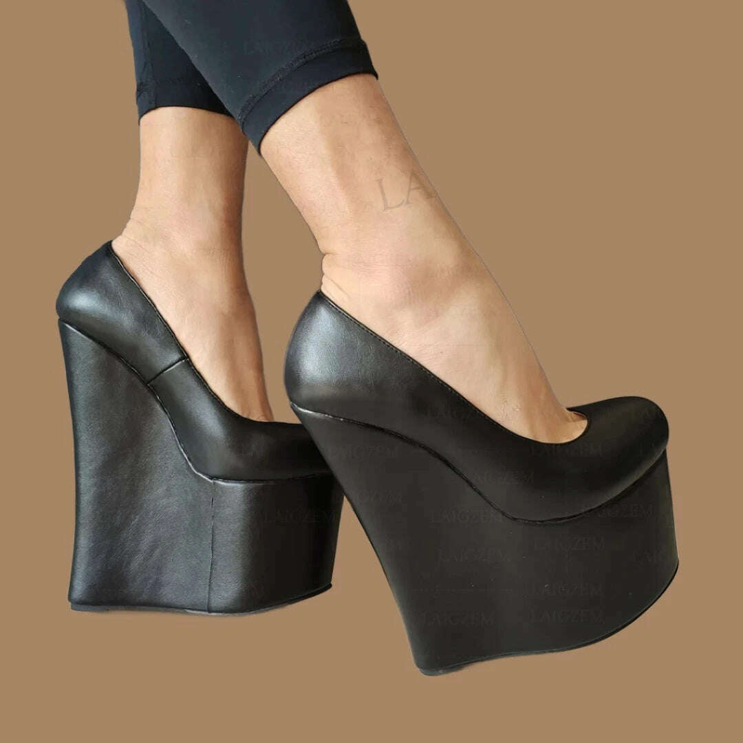 ZHIMA Women Pumps 20CM High Heels Wedges Round Toe Mules Party Faux Leather Ladies Club Shoes Woman Large Size 38 41 42 44 48 - KIMLUD