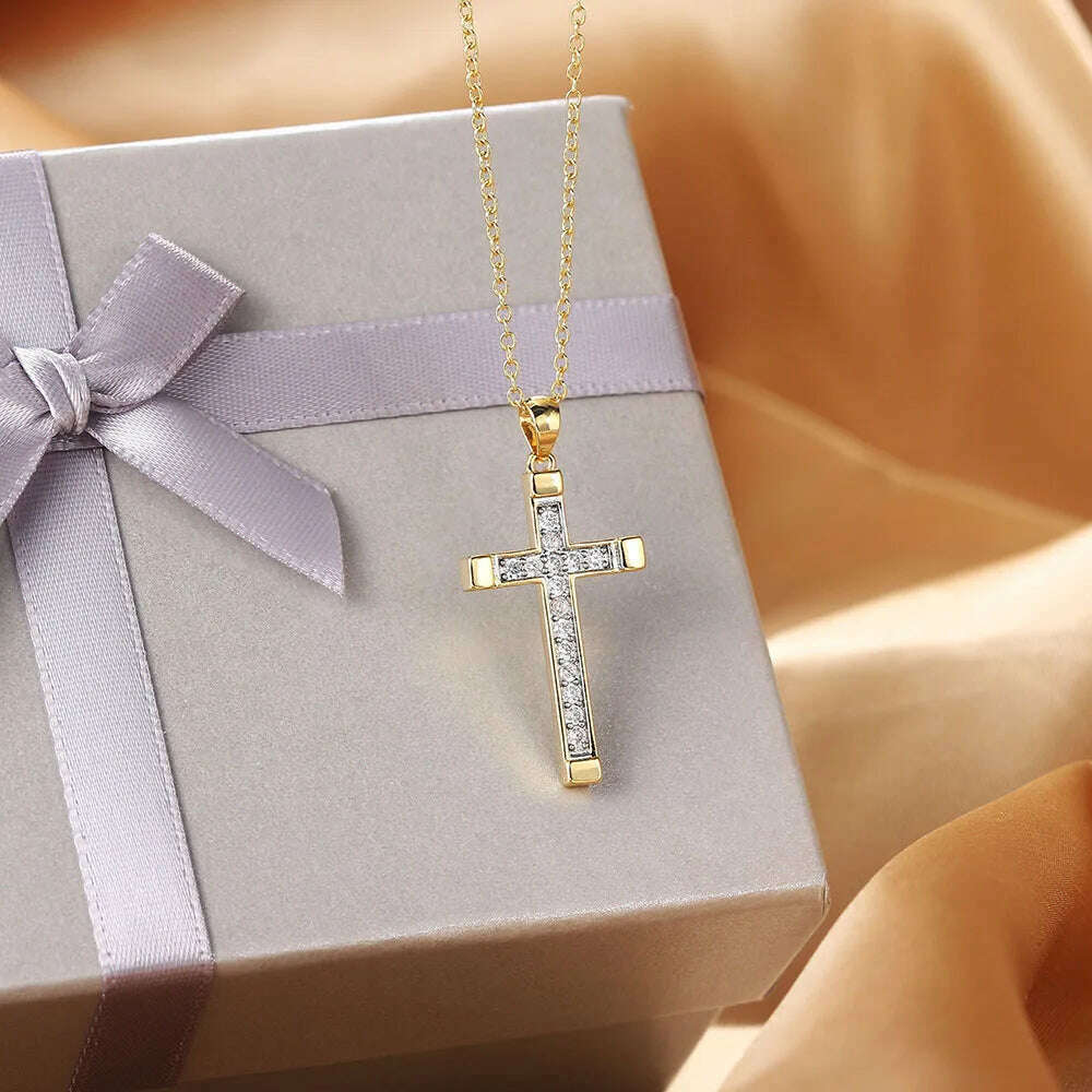 KIMLUD, ZHOUYANG Pendant Necklace For Women Luxury Zircon Cross Light Gold Color Kpop Choker Chain Christmas Gift Jewelry Wholesale N221, KIMLUD Womens Clothes