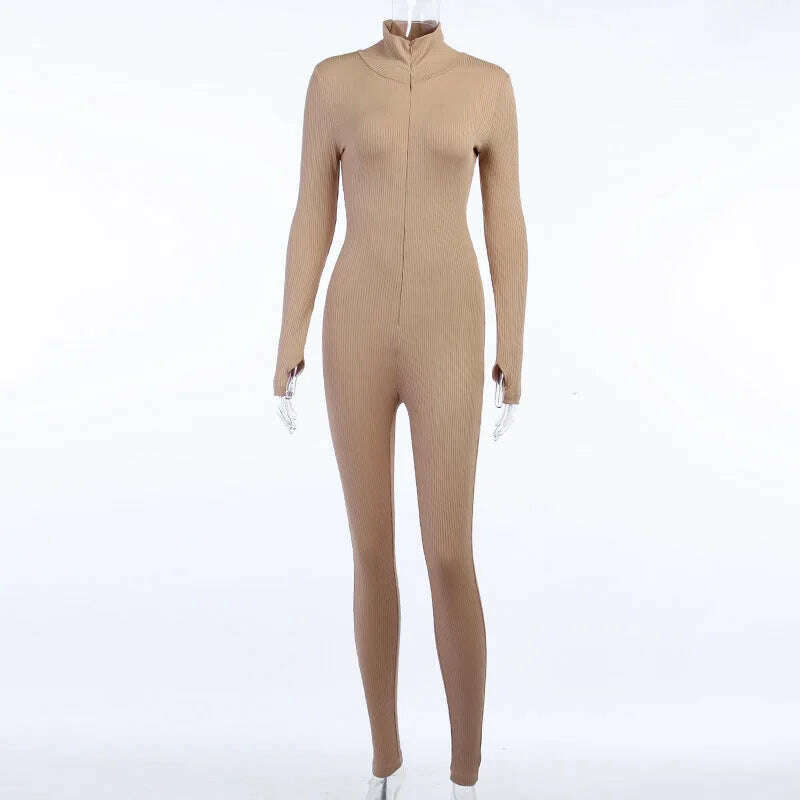 KIMLUD, ZHYMIHRET 2022 Summer Zipper Front Ribbed Playsuit Emroidery Gloved Sleeve Turtleneck Skinny Rompers Streetwear, khaki jumpsuit / S, KIMLUD APPAREL - Womens Clothes