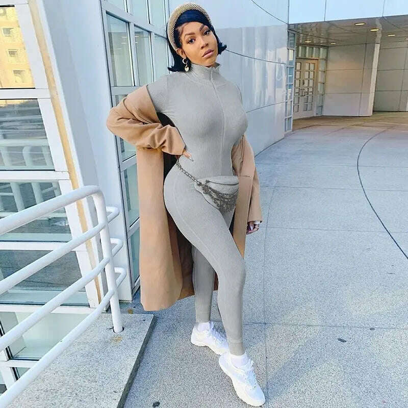 KIMLUD, ZHYMIHRET 2022 Summer Zipper Front Ribbed Playsuit Emroidery Gloved Sleeve Turtleneck Skinny Rompers Streetwear, Gray / S, KIMLUD APPAREL - Womens Clothes