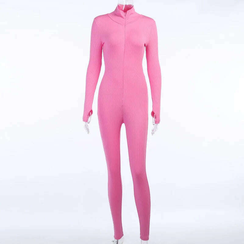 KIMLUD, ZHYMIHRET 2022 Summer Zipper Front Ribbed Playsuit Emroidery Gloved Sleeve Turtleneck Skinny Rompers Streetwear, pink jumpsuit / S, KIMLUD APPAREL - Womens Clothes