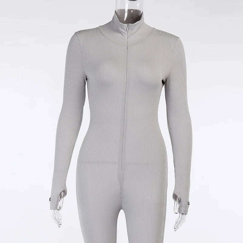 KIMLUD, ZHYMIHRET 2022 Summer Zipper Front Ribbed Playsuit Emroidery Gloved Sleeve Turtleneck Skinny Rompers Streetwear, gray playsuit / S, KIMLUD APPAREL - Womens Clothes