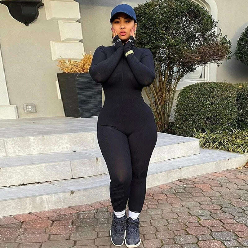 KIMLUD, ZHYMIHRET 2022 Summer Zipper Front Ribbed Playsuit Emroidery Gloved Sleeve Turtleneck Skinny Rompers Streetwear, black jumpsuit / S, KIMLUD APPAREL - Womens Clothes