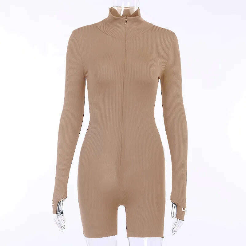 KIMLUD, ZHYMIHRET 2022 Summer Zipper Front Ribbed Playsuit Emroidery Gloved Sleeve Turtleneck Skinny Rompers Streetwear, khaki playsuit / S, KIMLUD APPAREL - Womens Clothes