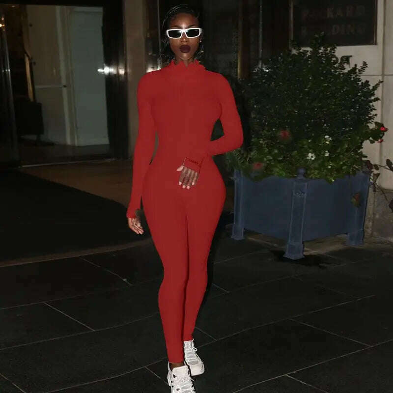 KIMLUD, ZHYMIHRET 2022 Summer Zipper Front Ribbed Playsuit Emroidery Gloved Sleeve Turtleneck Skinny Rompers Streetwear, Red / S, KIMLUD APPAREL - Womens Clothes