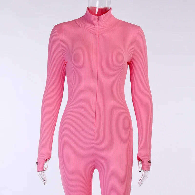 KIMLUD, ZHYMIHRET 2022 Summer Zipper Front Ribbed Playsuit Emroidery Gloved Sleeve Turtleneck Skinny Rompers Streetwear, pink playsuit / S, KIMLUD APPAREL - Womens Clothes