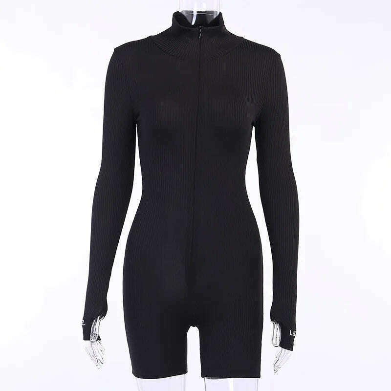 KIMLUD, ZHYMIHRET 2022 Summer Zipper Front Ribbed Playsuit Emroidery Gloved Sleeve Turtleneck Skinny Rompers Streetwear, KIMLUD Womens Clothes