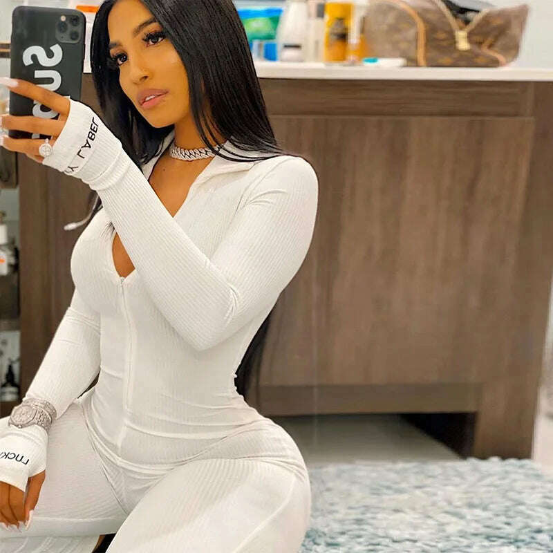 KIMLUD, ZHYMIHRET 2022 Summer Zipper Front Ribbed Playsuit Emroidery Gloved Sleeve Turtleneck Skinny Rompers Streetwear, KIMLUD Womens Clothes
