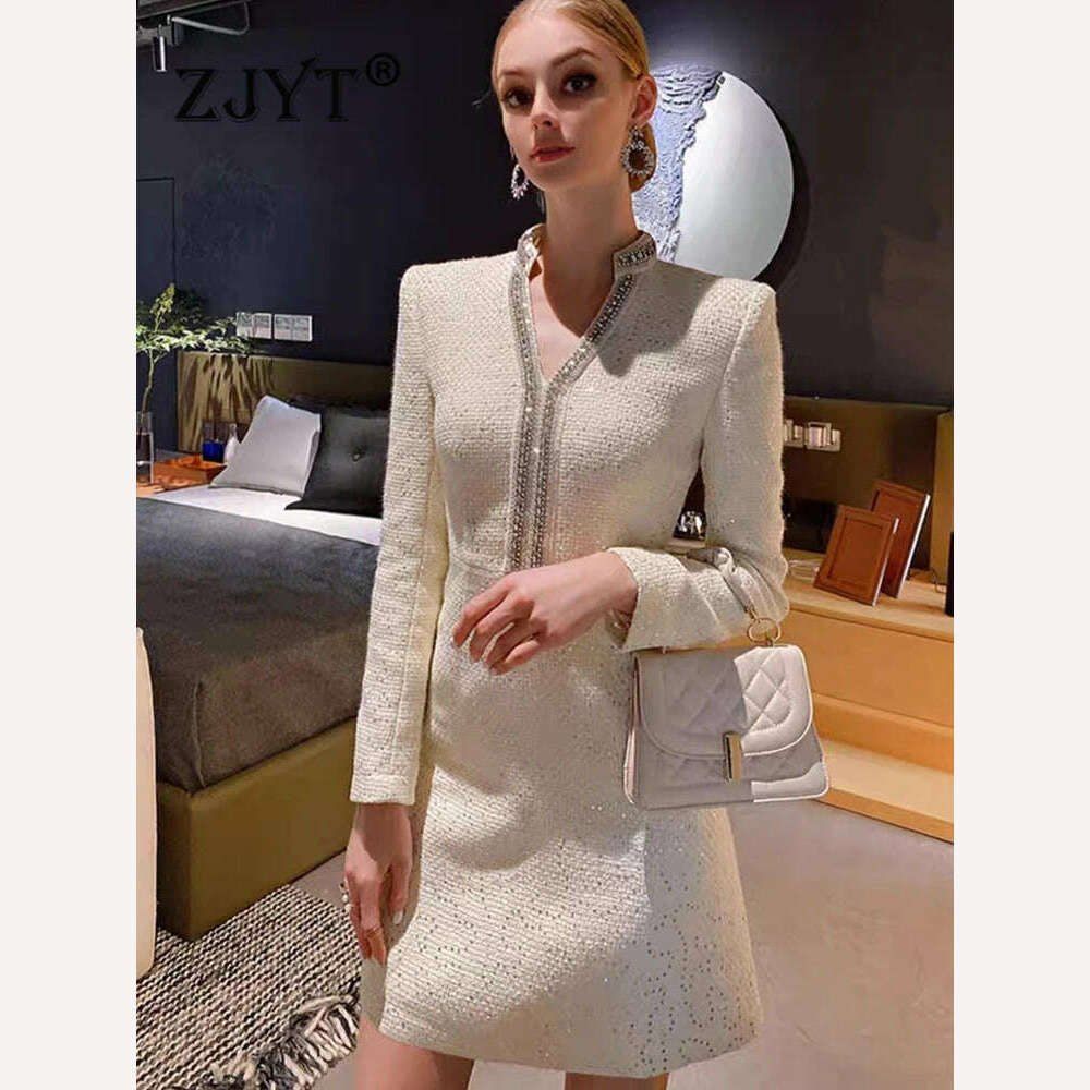 KIMLUD, ZJYT Luxury Beading Sequined White Tweed Woolen Dress Women Autumn Winter Fashion Clothing Long Sleeve Party Office Vestidos, WHITE / S, KIMLUD APPAREL - Womens Clothes